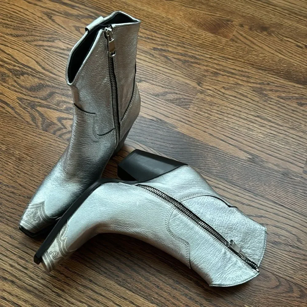 Free People Brayden Western Boot Leather Pewter Etch Tip Silver Pewter 38